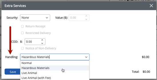 Extra services pop-up with the Handling menu open