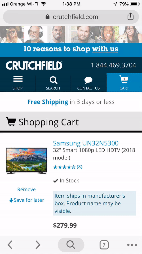 Crutchfield’s checkout process is made up of only three steps.