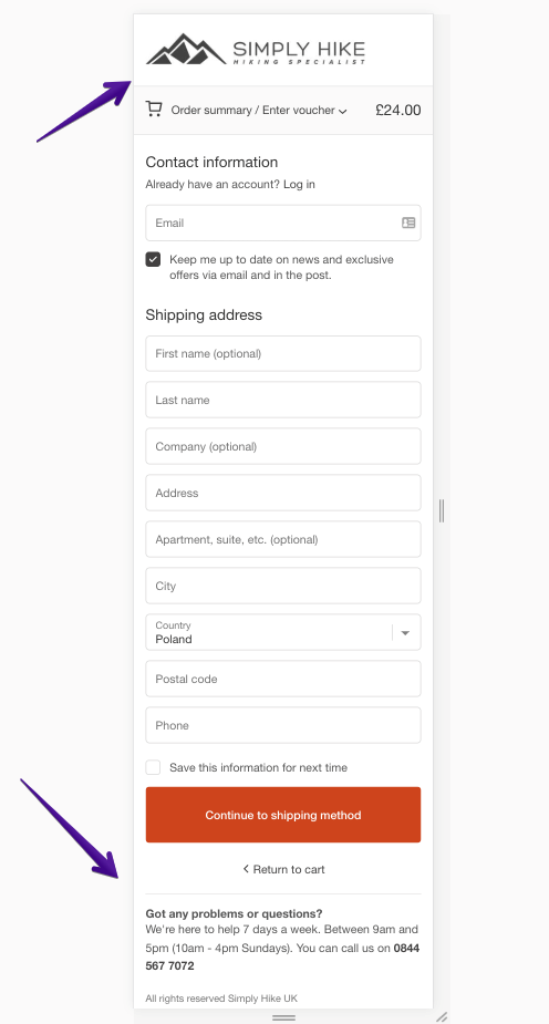 Simply Hike removes all unnecessary elements including the menu and footer. It just leaves the logo, performance indicator and phone support.