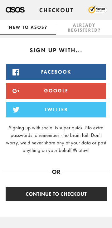 At Asos.com you can choose whether to register or simply continue to checkout.
