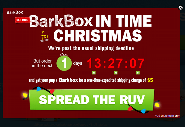 An example of BarkBox.com highlighting express shipping is still available after the Ground shipping deadline.