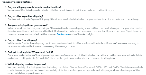 Example of Vistaprint.com highlighting shipping questions on their FAQ page.